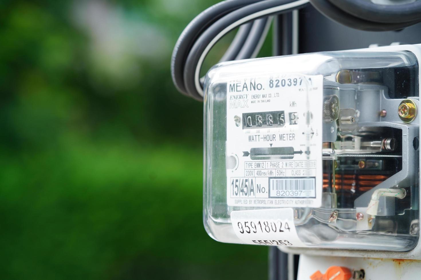 Bangkok, Thailand - May 15, 2022 Electric measuring power meter for energy cost at home and office. photo