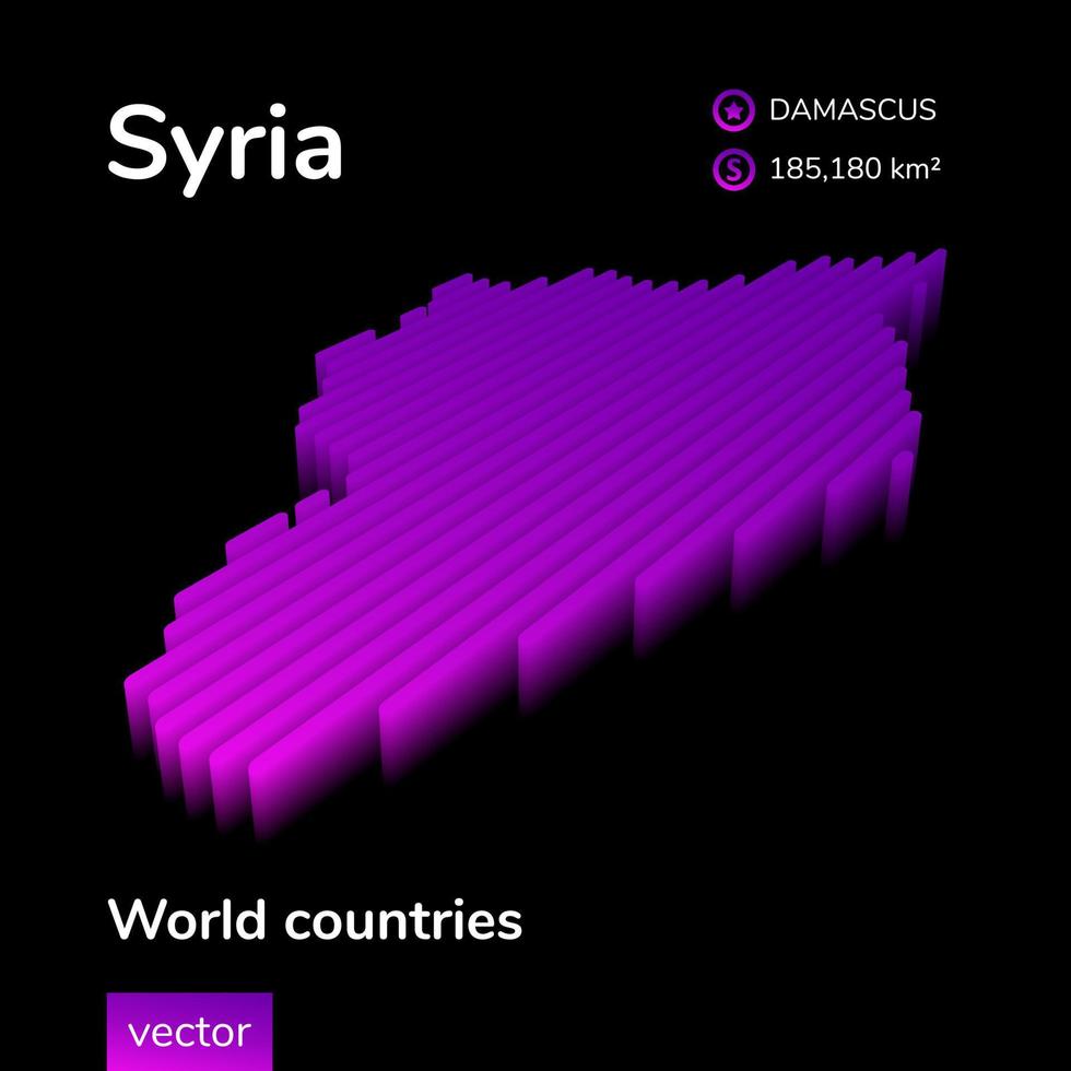 Syria 3D map. Stylized neon simple digital isometric striped vector Map of Syria is in violet colors on black background. Educational banner