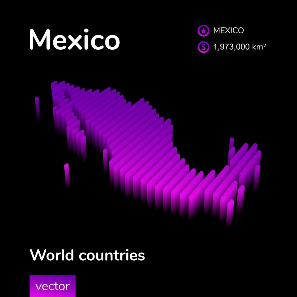 Mexico 3D map. Stylized neon digital isometric striped vector Map in violet and pink colors on the black background. Educational banner, poster, flyer about Mexico country