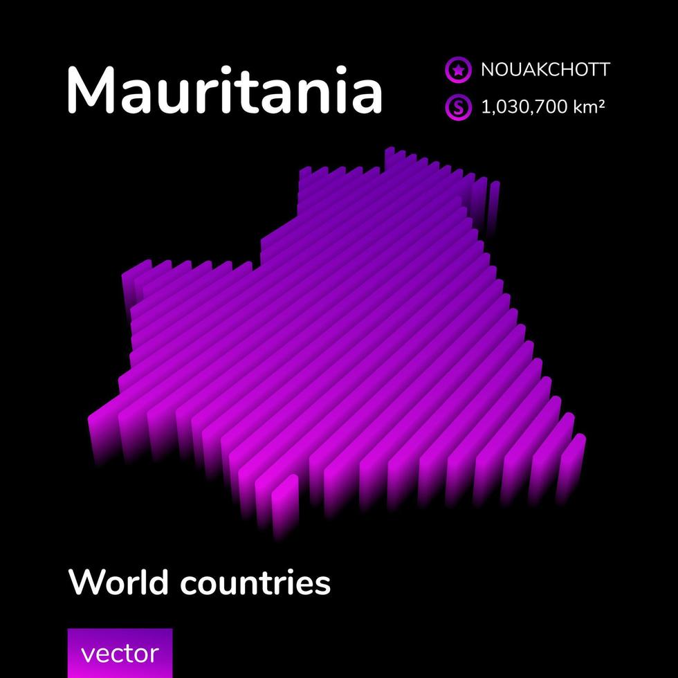 mauritania mapa 3d. mapa 3d de vector rayado de neón isométrico estilizado. el mapa de mauritania está en colores violeta y rosa sobre fondo negro. elemento infográfico