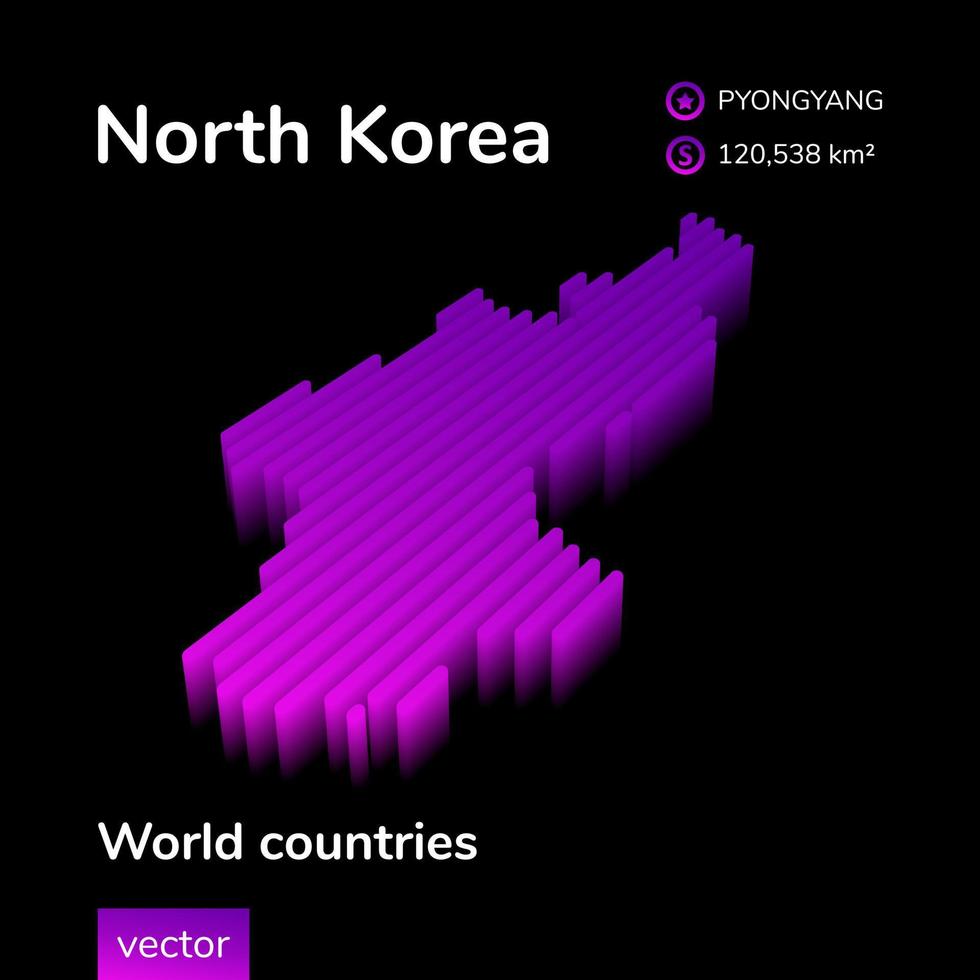 North Korea 3D map. Stylized neon digital isometric striped vector map in violet and pink colors on the black background