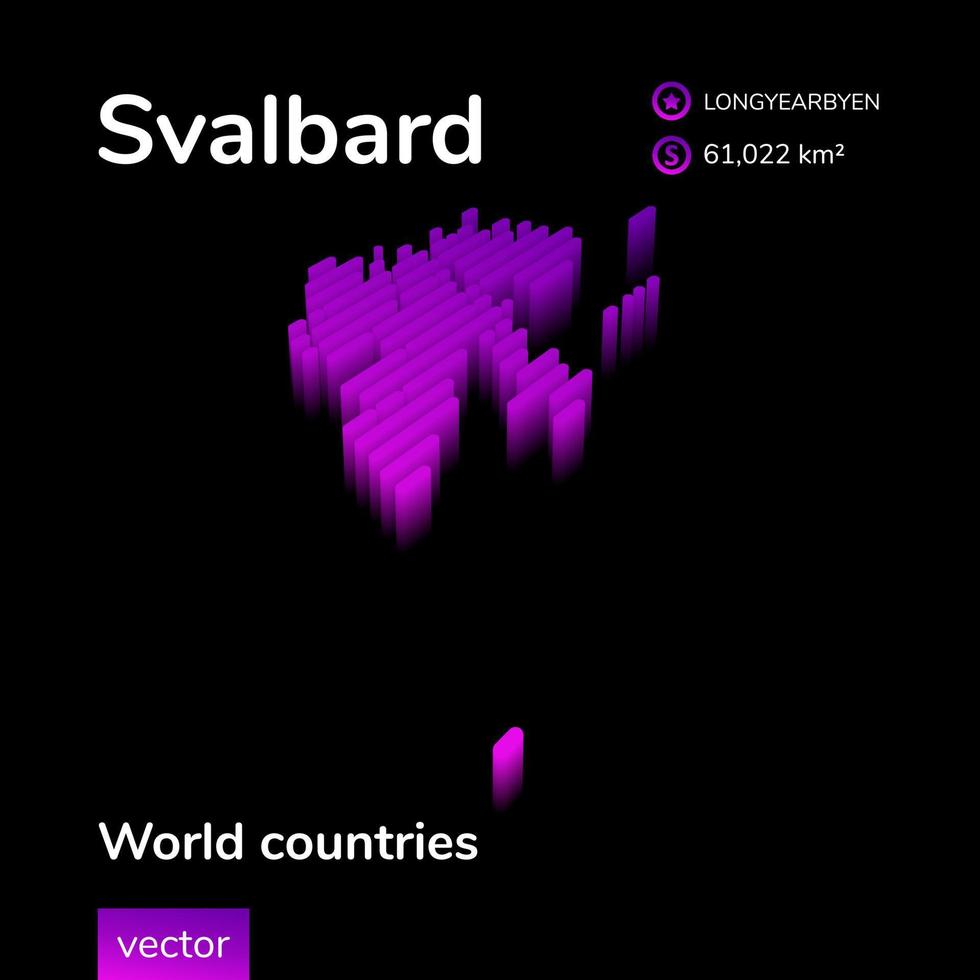 Svalbard 3D map. Stylized neon digital isometric striped vector Map in violet and pink colors on the black background.