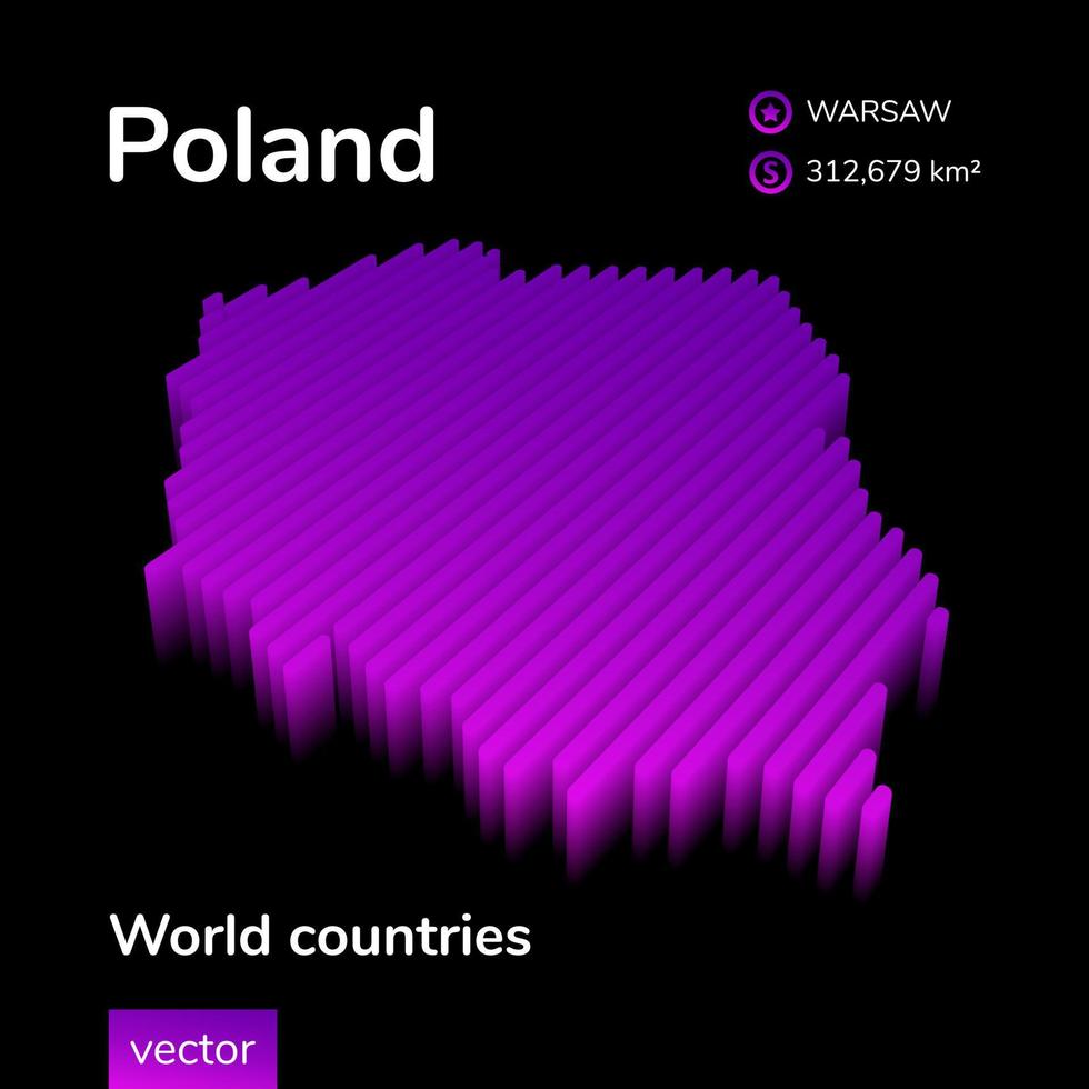 Poland 3D map. Stylized neon digital isometric striped vector Map in violet and pink colors on the black background