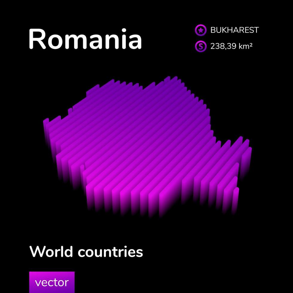 rumania mapa 3d. mapa vectorial de rayas isométricas digitales de neón estilizado en colores violeta y rosa en el fondo negro vector