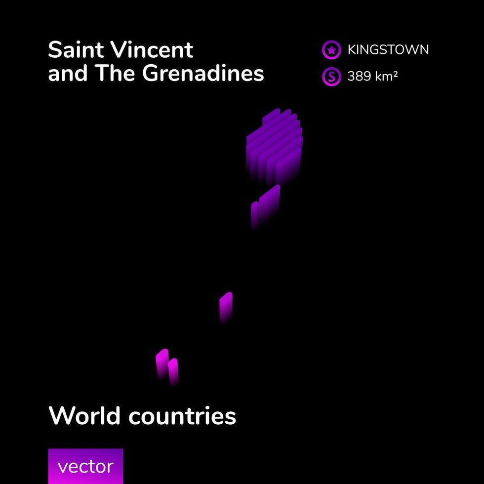 Map of Saint Vincent and Grenadines. Stylized striped isometric neon vector 3d map is in violet colors on black background