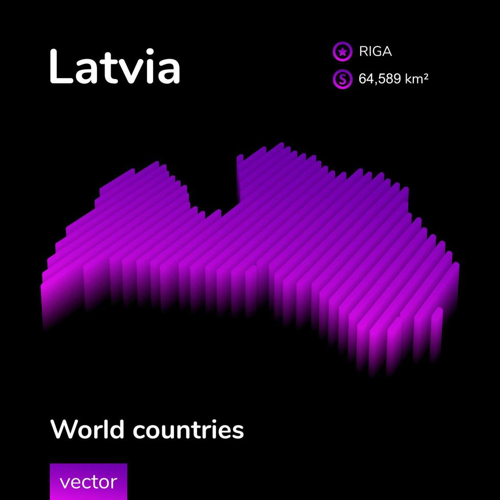 Latvia 3D map. Stylized neon digital isometric striped vector Map in violet and pink colors on the black background