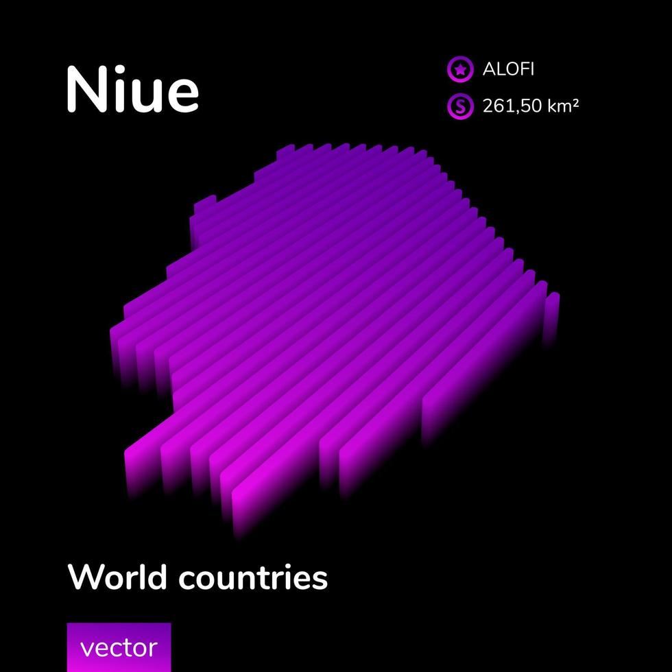 Niue 3D map. Stylized neon simple digital isometric striped vecto Map of Niue is in violet colors on black background. Educational banner vector