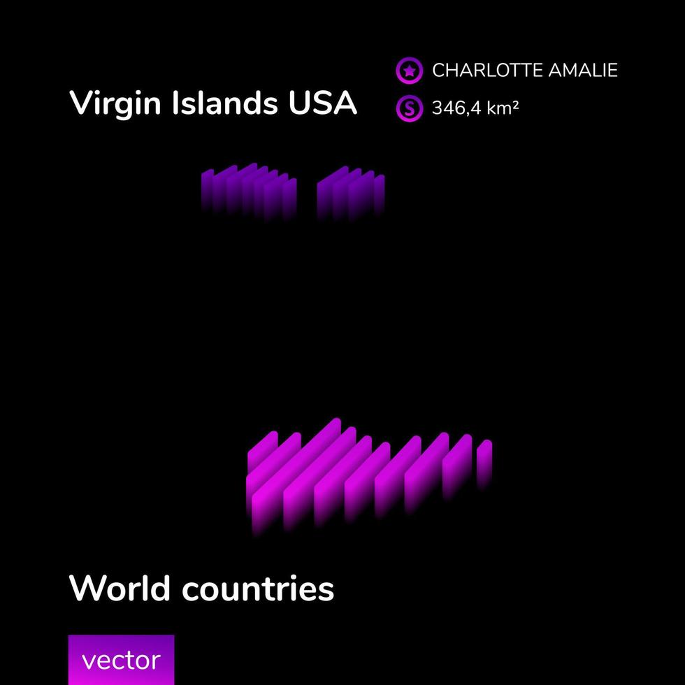 Virgin Islands USA map. Stylized striped vector neon isometric 3D Map of Virgin Islands USA is in violet colors on black background