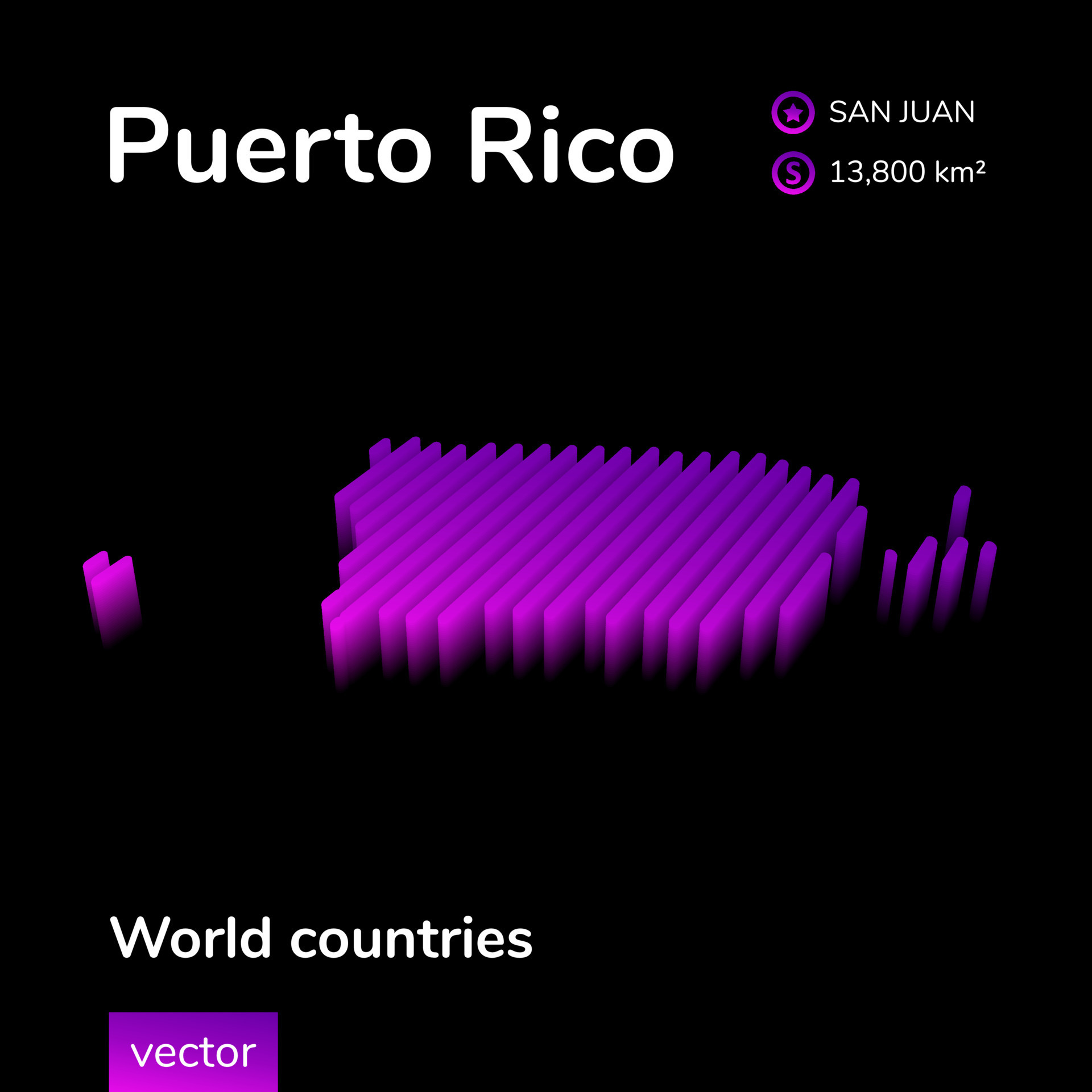 Puerto Rico 3D map. Stylized isometric neon striped vector 3d map. Map