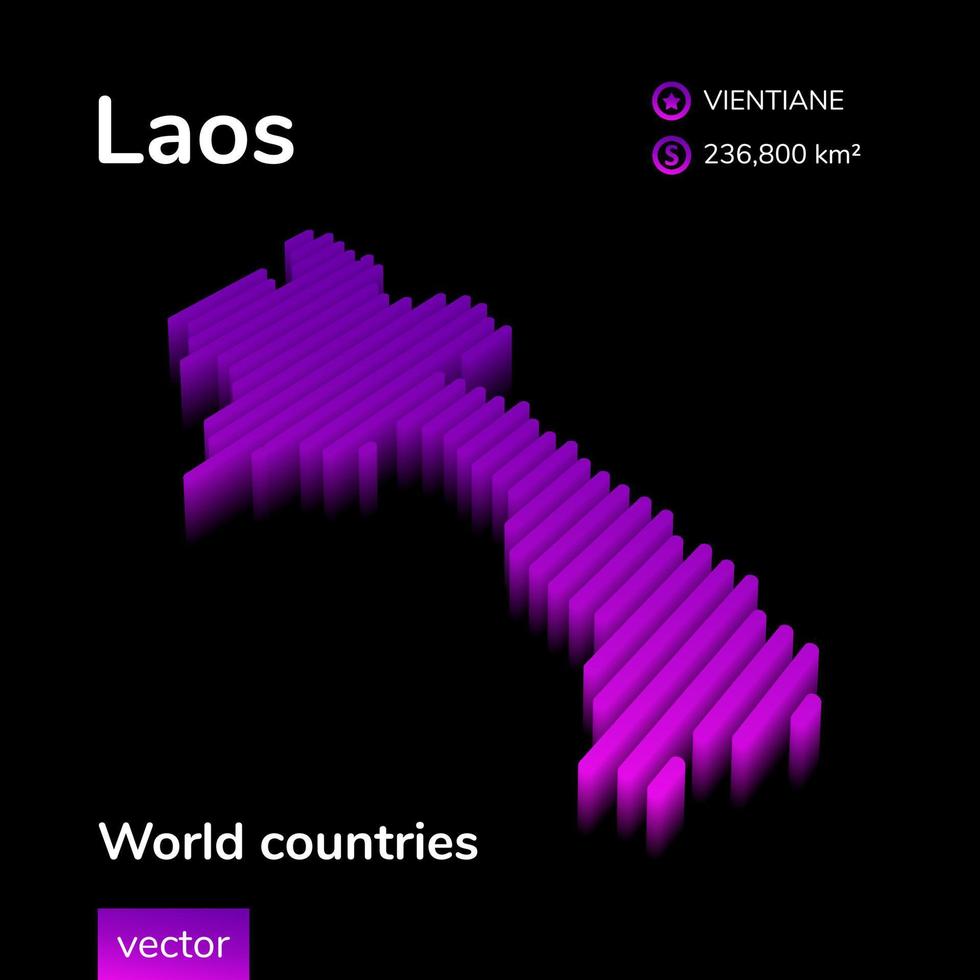 Laos 3D map. Stylized neon simple digital isometric striped vector 3d Map of Laos is in violet colors on black background. Educational banner
