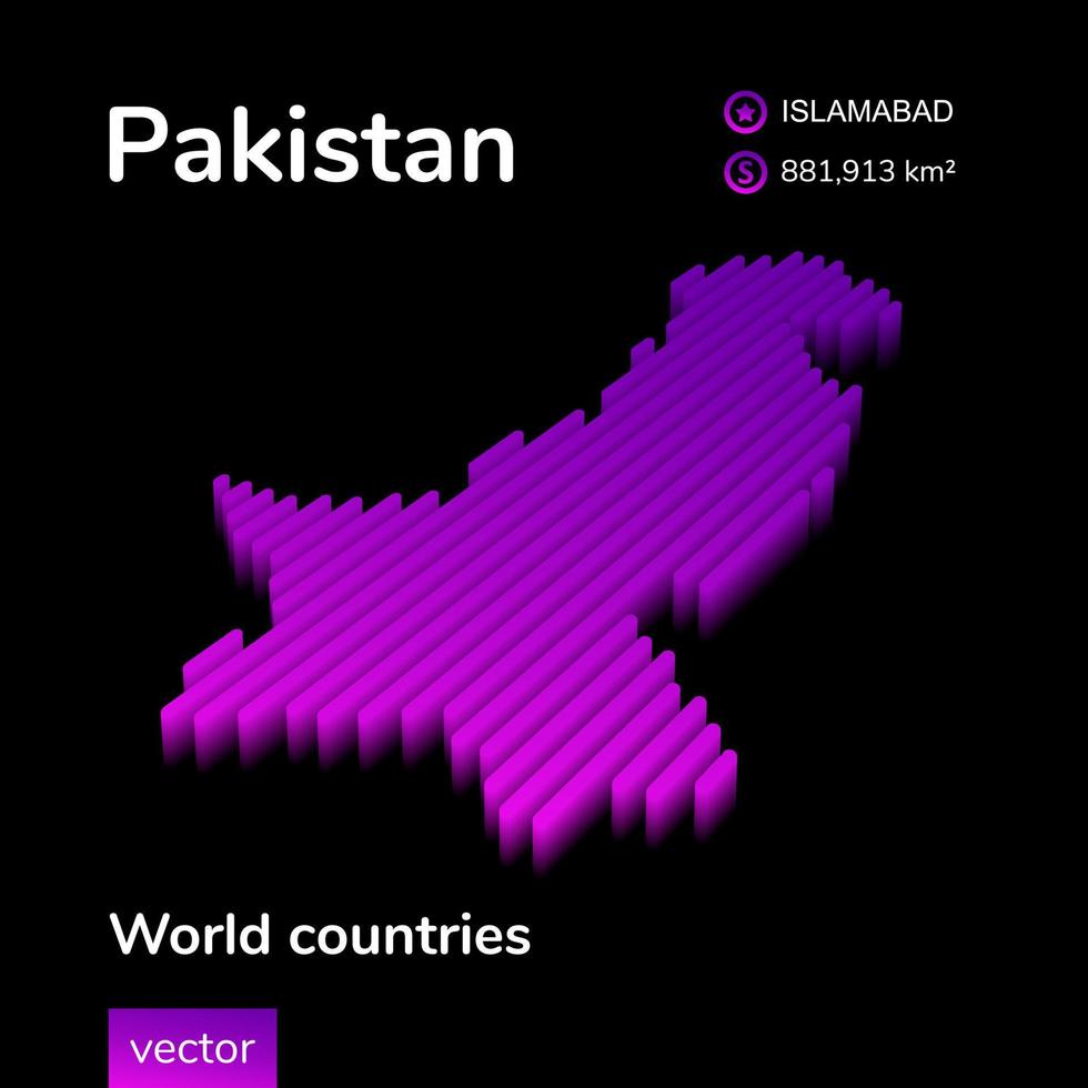 Pakistán mapa 3d. El mapa vectorial de rayas isométricas digitales simples de neón estilizado de Pakistán está en colores violetas sobre fondo negro vector