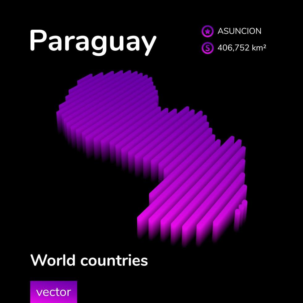 mapa 3d de paraguay. El mapa vectorial de rayas isométricas digitales simples de neón estilizado de paraguay está en colores violetas sobre fondo negro vector