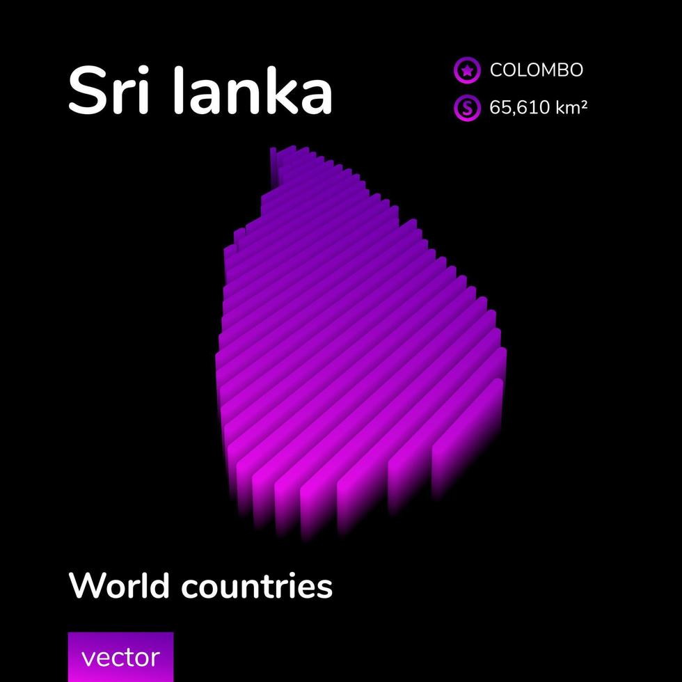 Sri lanka 3D map. Stylized neon simple digital isometric striped vector Map of Sri lanka is in violet colors on black background. Educational banner