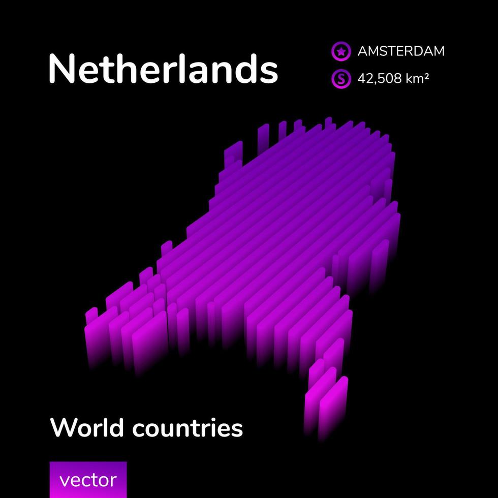 mapa 3d de países bajos. mapa vectorial de rayas isométricas digitales de neón estilizado en colores violeta y rosa en el fondo negro vector