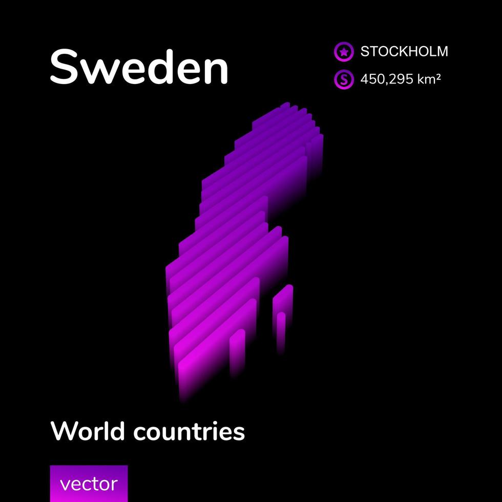 Sweden 3D map. Stylized neon digital isometric striped vector Map is in violet and pink colors on the black background