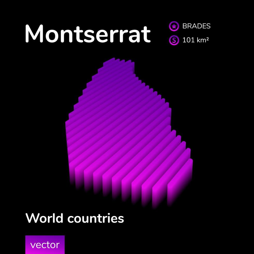 mapa 3d de montserrat. el mapa vectorial de rayas isométricas digitales simples de neón estilizado de montserrat está en colores violetas sobre fondo negro vector