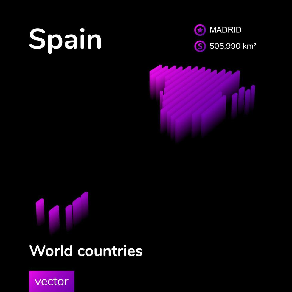Spain 3D map. Stylized neon digital isometric striped vector Map in violet and pink colors on the black background. Educational banner, poster, flyer about Spain country
