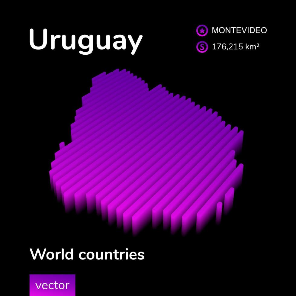 Uruguay 3D map. Stylized neon simple digital isometric striped vector Map of Uruguay is in violet colors on black background. Educational banner