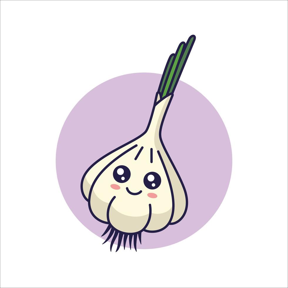 Ilustración de icono de dibujos animados lindo kawaii ajo. concepto de icono plano vegetal de alimentos aislado sobre fondo blanco. personaje de ajo, mascota en estilo garabato. vector