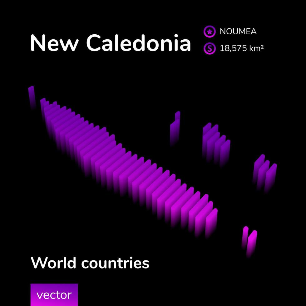 New Caledonia 3D map. Stylized isometric neon striped vector 3d map. Map of New Caledonia is in violet and pink colors on black background. Educational banner, infographic element