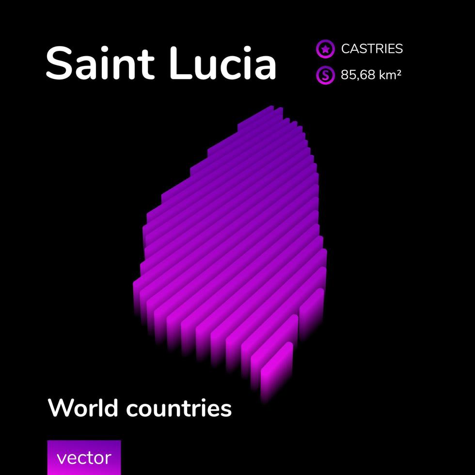 Saint Lucia 3D map. Stylized neon simple digital isometric striped vector Map is in violet colors on black background. Educational banner