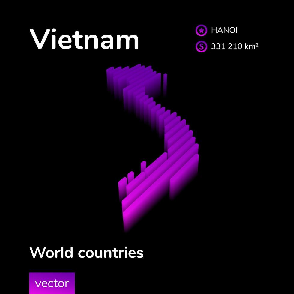 Vietnam 3D map. Stylized striped isometric neon vector Map of Vietnam is in violet colors on black background. Educational banner.