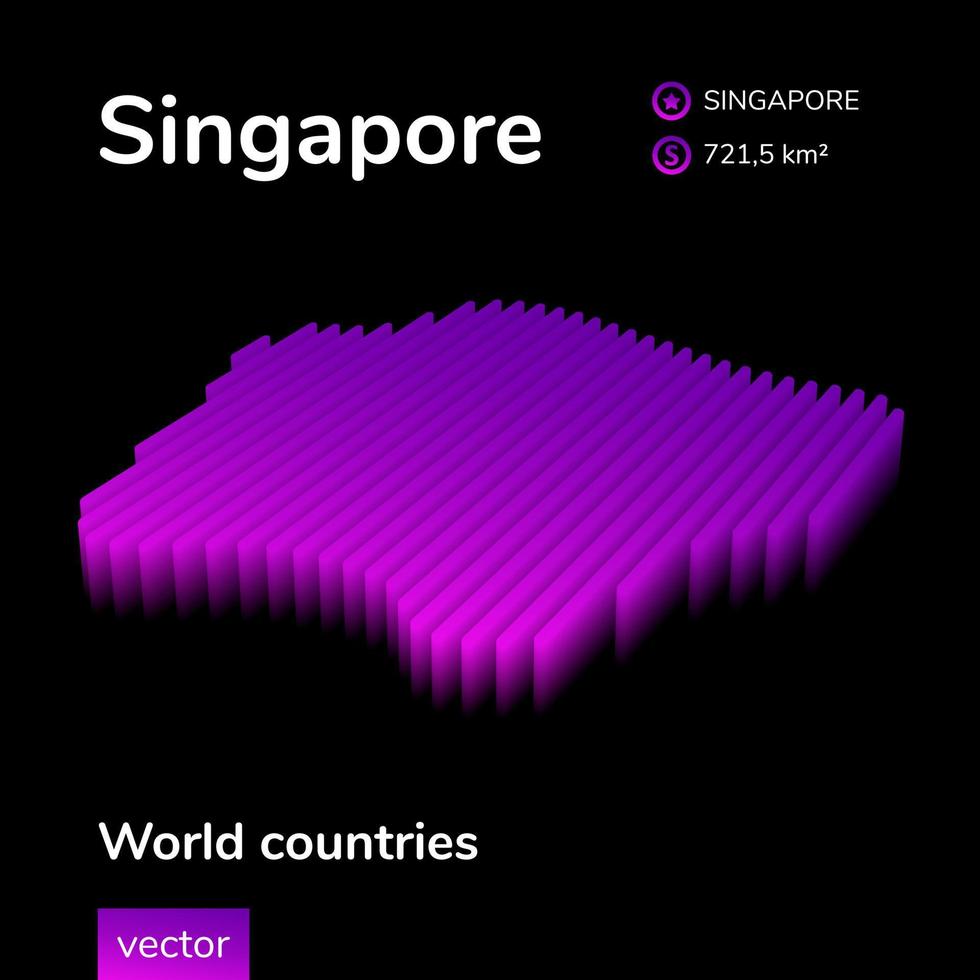 mapa 3d de singapur. el mapa vectorial de rayas isométricas digitales simples de neón estilizado está en colores violetas sobre fondo negro. pancarta educativa vector