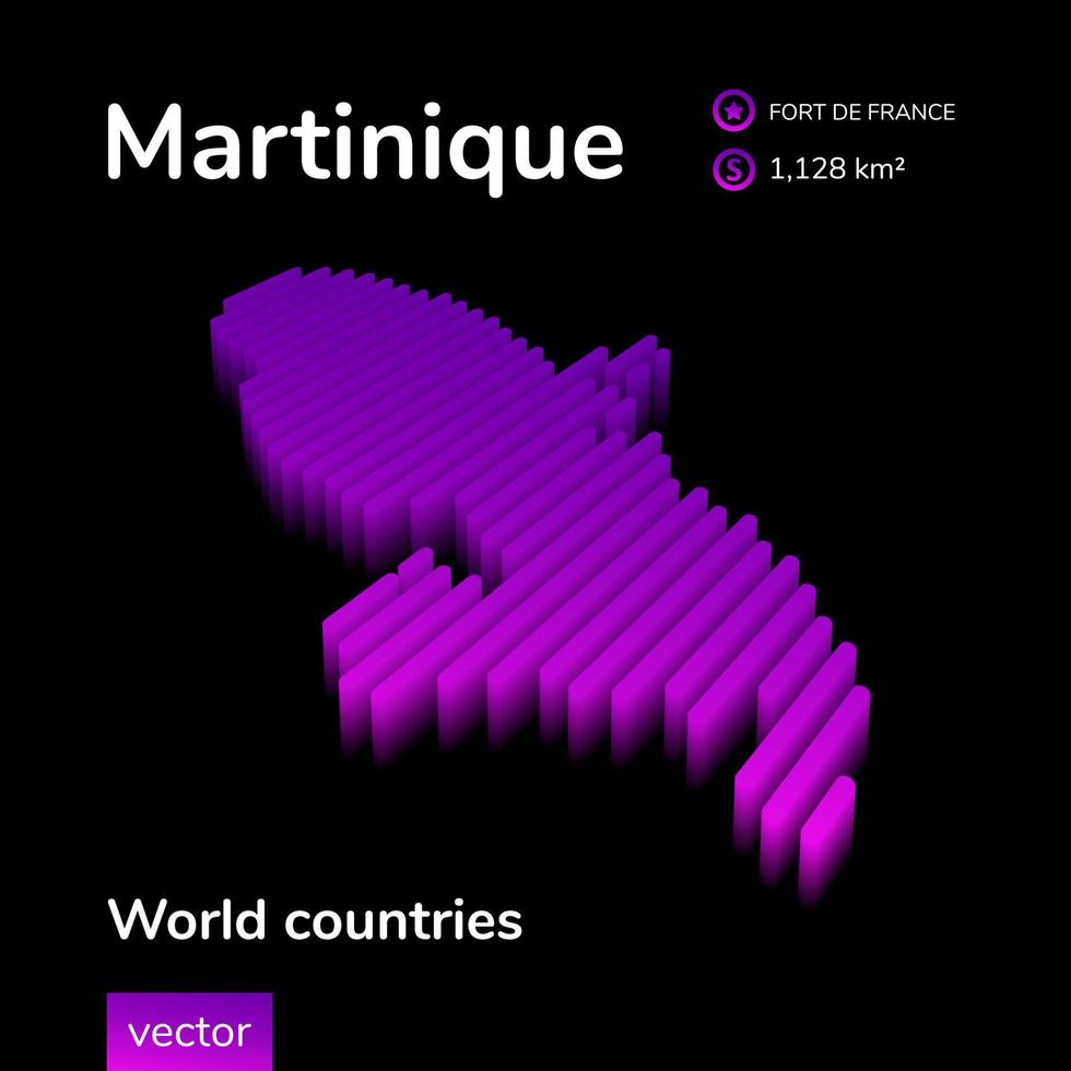 Martinique 3D map. Stylized neon simple digital isometric striped vector 3d Martinique map. Map of Martinique is in violet colors on black background