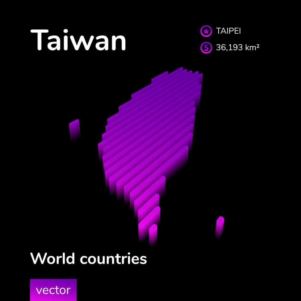 Taiwan 3D map. Stylized neon simple digital isometric striped vector Map of Taiwan is in violet colors on black background. Educational banner