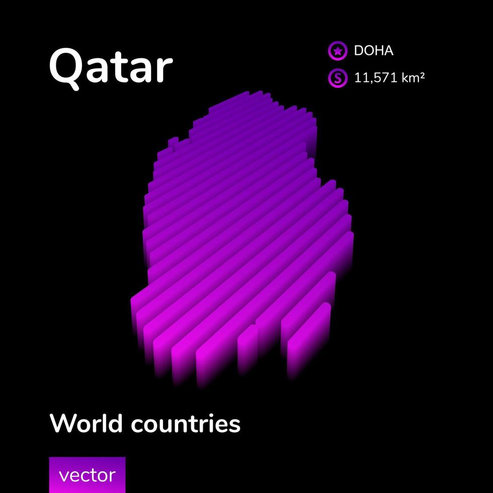 Qatar 3D map. Stylized neon simple digital isometric striped vector Map of Qatar is in violet colors on black background. Educational banner