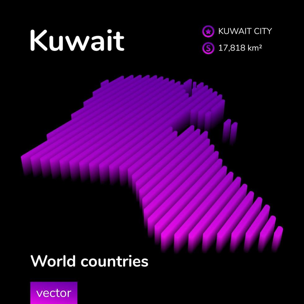 Kuwait 3D map. Stylized neon simple digital isometric striped vector Map of Kuwait is in violet colors on black background