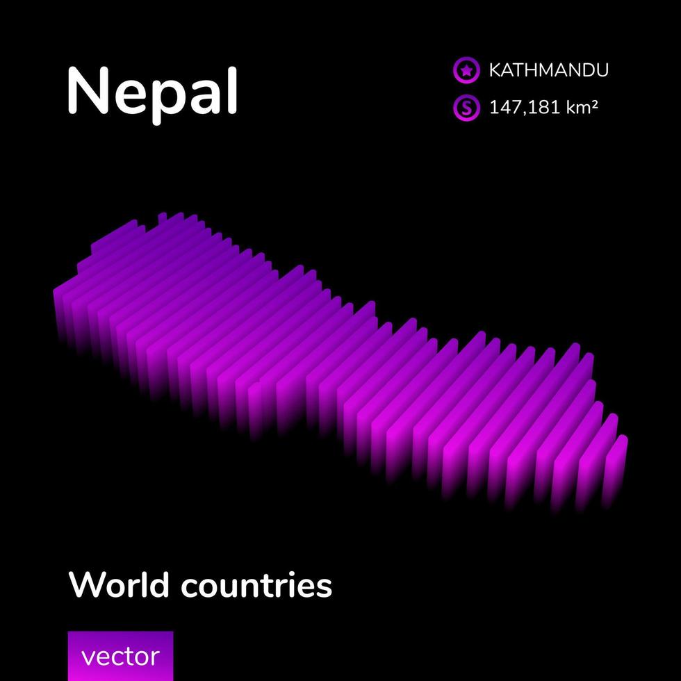 Mapa 3D de Nepal. mapa 3d de vector rayado de neón isométrico estilizado. el mapa de nepal está en colores violeta y rosa sobre fondo negro. banner educativo, elemento infográfico