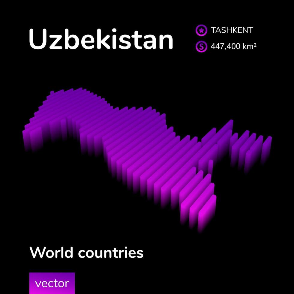 Uzbekistan 3D map. Stylized neon simple digital isometric striped vector Map of Uzbekistan is in violet colors on black background