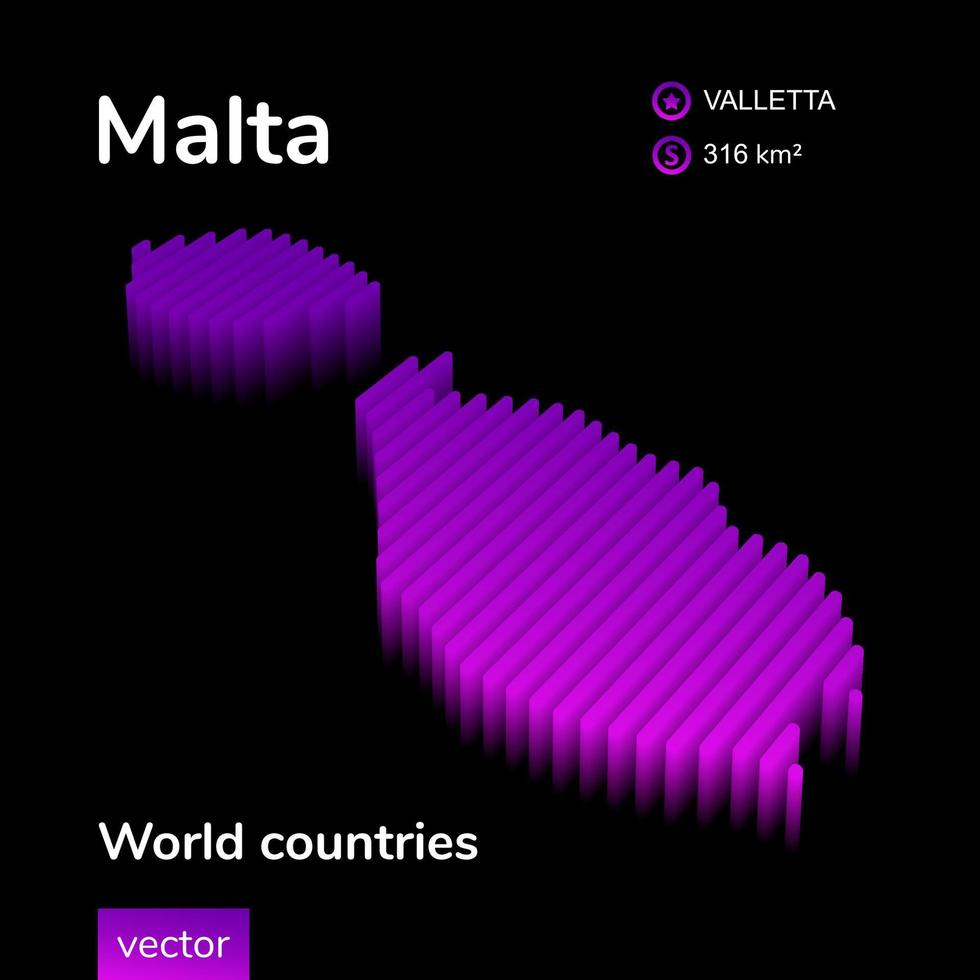 malta mapa 3d. mapa vectorial de rayas isométricas digitales de neón estilizado en colores violeta y rosa en el fondo negro vector