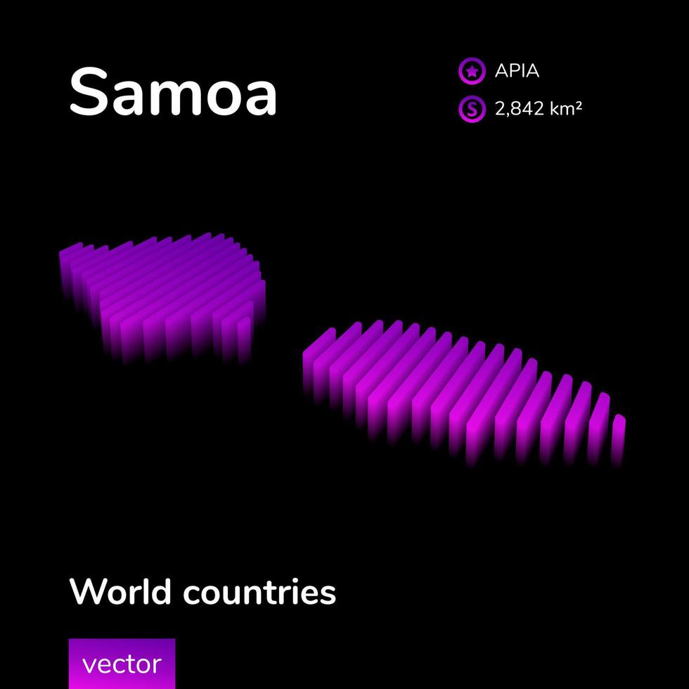 Samoa mapa 3d. el mapa de samoa vectorial simple con rayas isométricas digitales de neón estilizado está en colores violetas sobre fondo negro. pancarta educativa vector