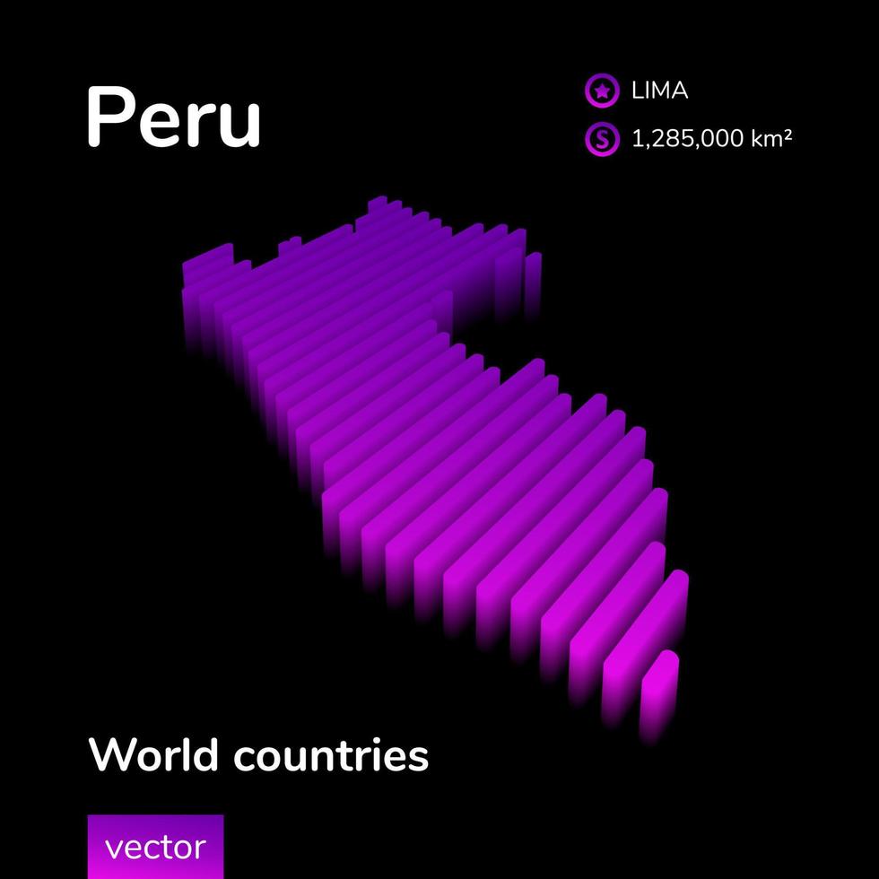 Peru 3D map. Stylized neon simple digital isometric striped vector Map of Peru is in violet colors on black background. Educational banner