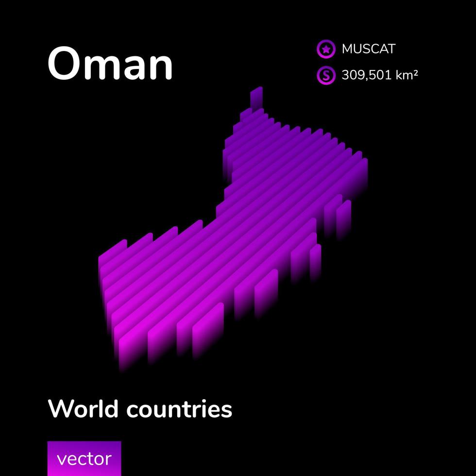 mapa 3d de omán. El mapa vectorial de rayas isométricas digitales simples de neón estilizado de Omán está en colores violetas sobre fondo negro. pancarta educativa vector