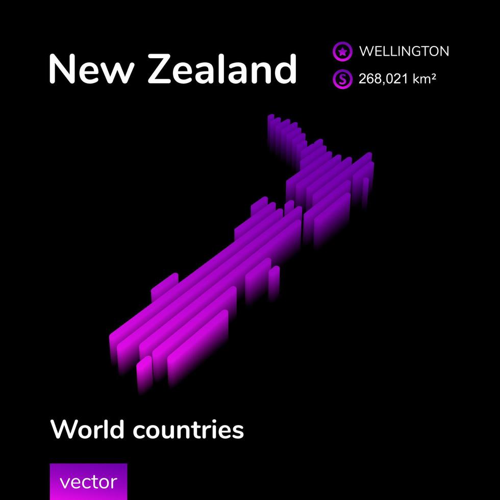 Zealand 3D map. Stylized neon simple digital isometric striped vector Map is in violet colors on black background.