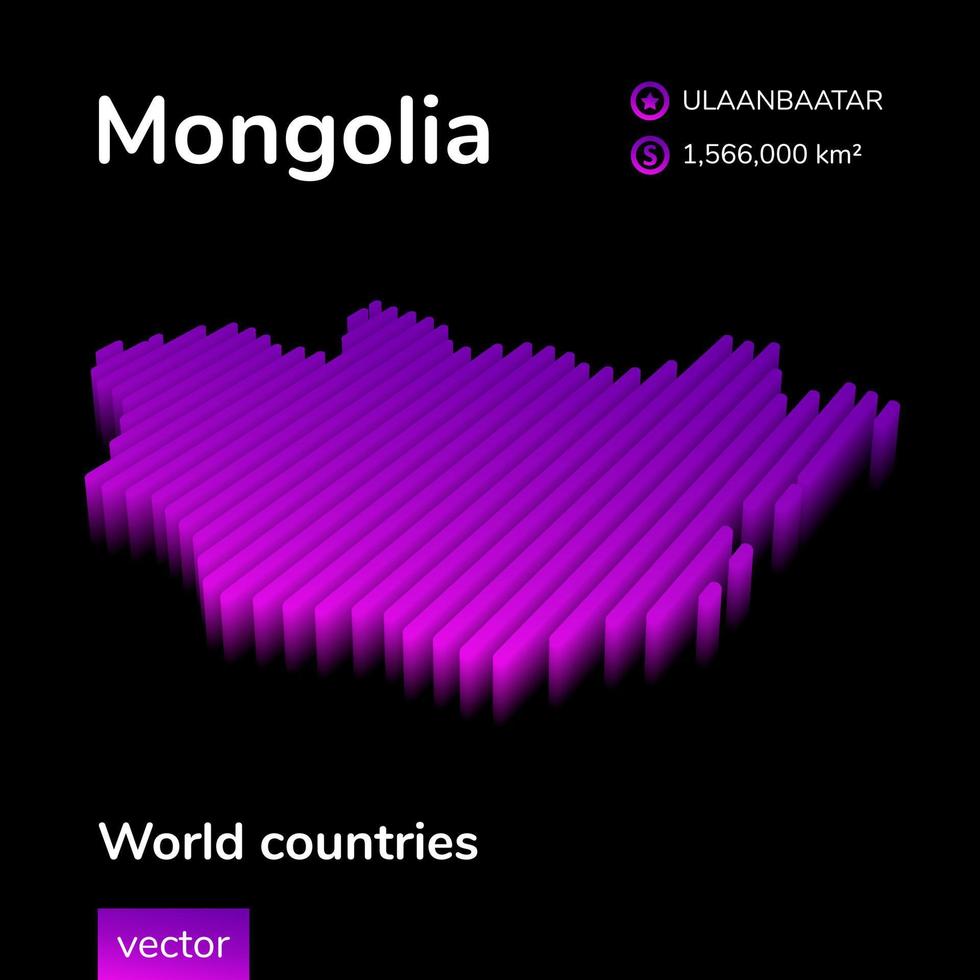 Mongolia 3D map. Stylized neon simple digital isometric striped vector Map of Mongolia is in violet colors on black background