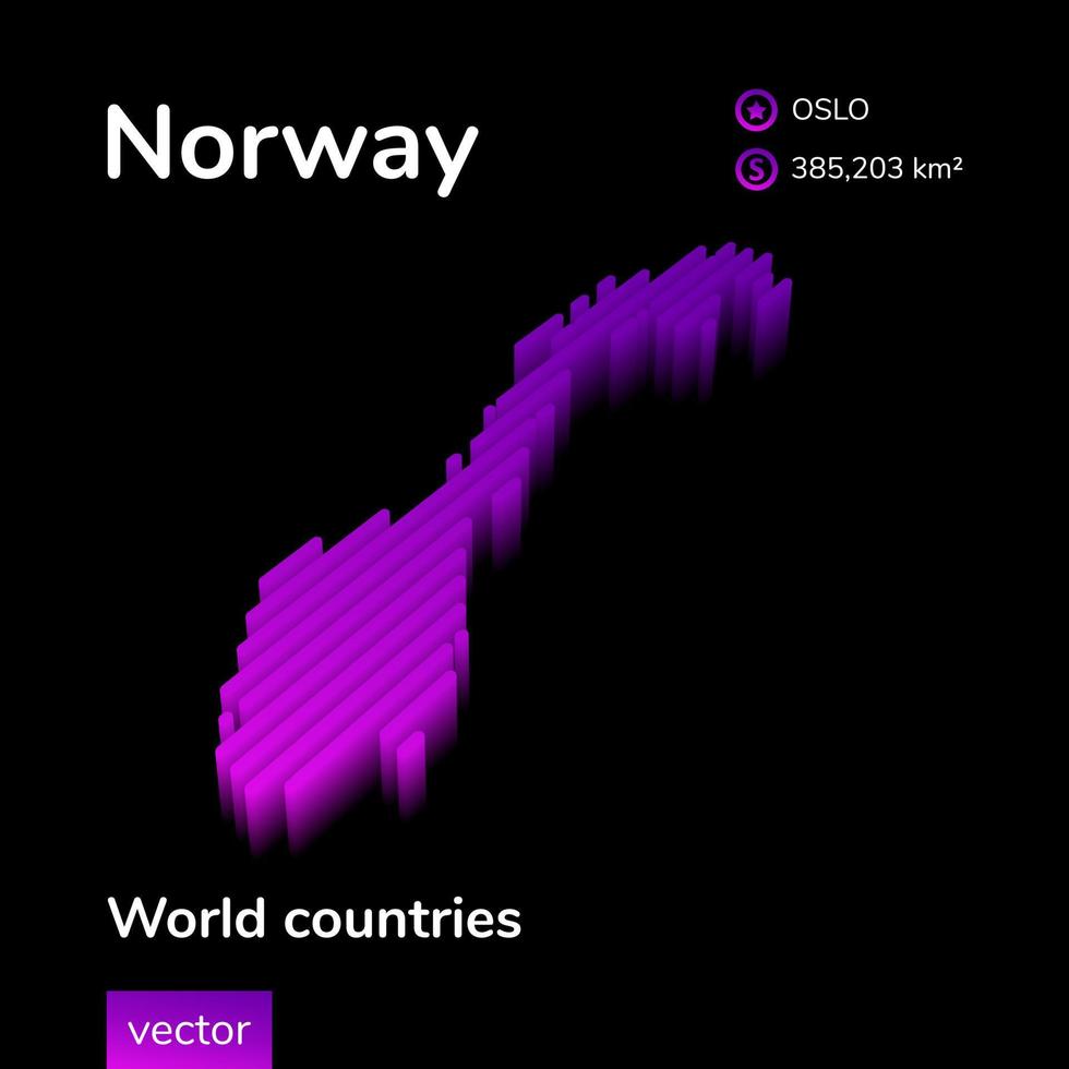 Noruega mapa 3d. mapa vectorial de rayas isométricas digitales de neón estilizado en colores violeta y rosa en el fondo negro vector