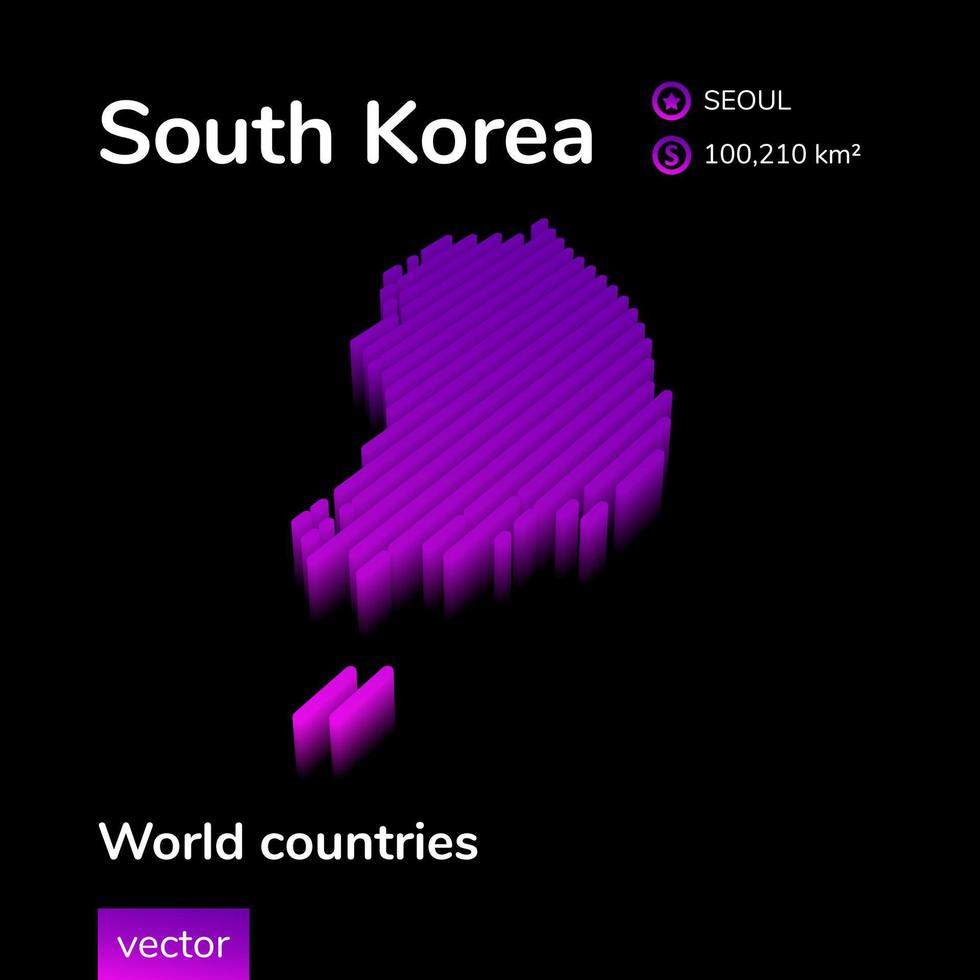 South Korea 3D map. Stylized neon simple digital isometric striped vector Map is in violet colors on black background. Educational banner