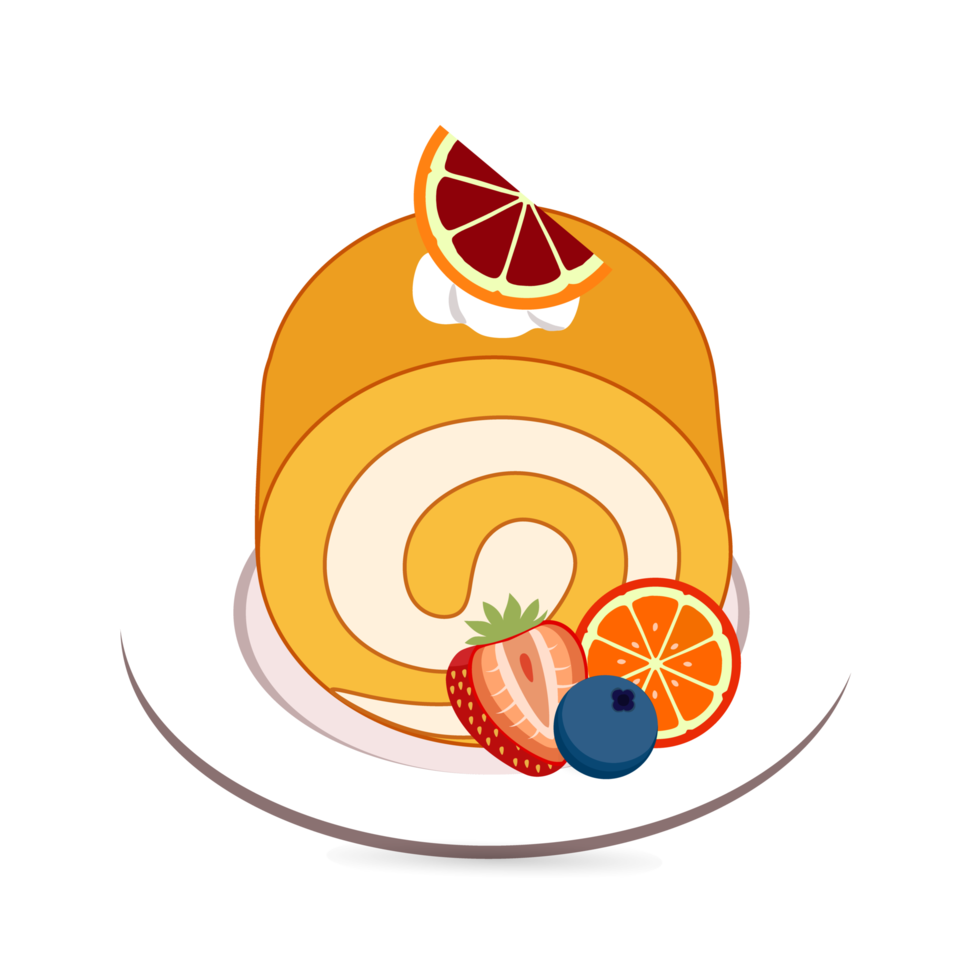 bolo de rolo de laranja, com creme branco e frutas png