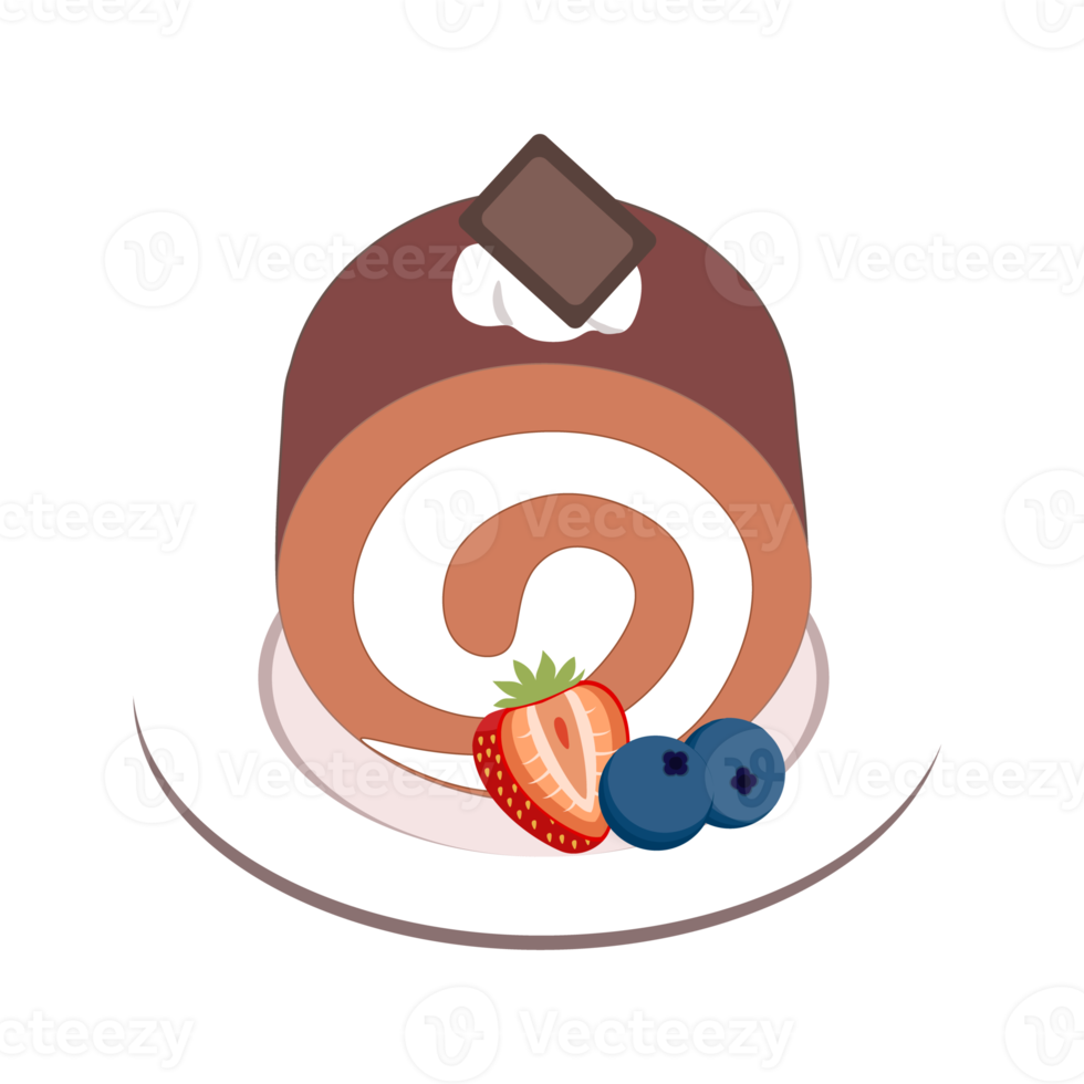 Chocolate roll on cream cake, with strawberry and blueberry png