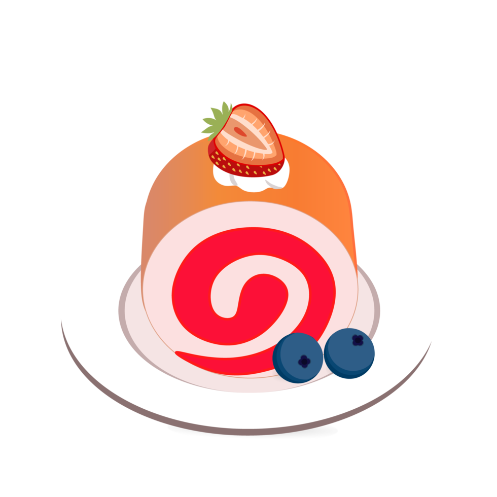 Roll cake strawberry cream with plate and blueberry png