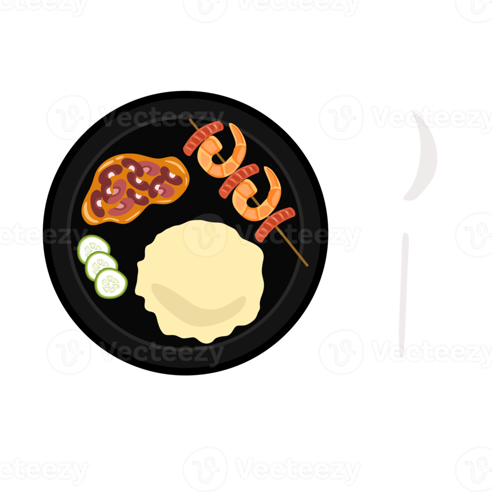 le menu est composé de riz, d'assaisonnement au curry de haricots rouges, de crevettes et de saucisse de bœuf grillée. png