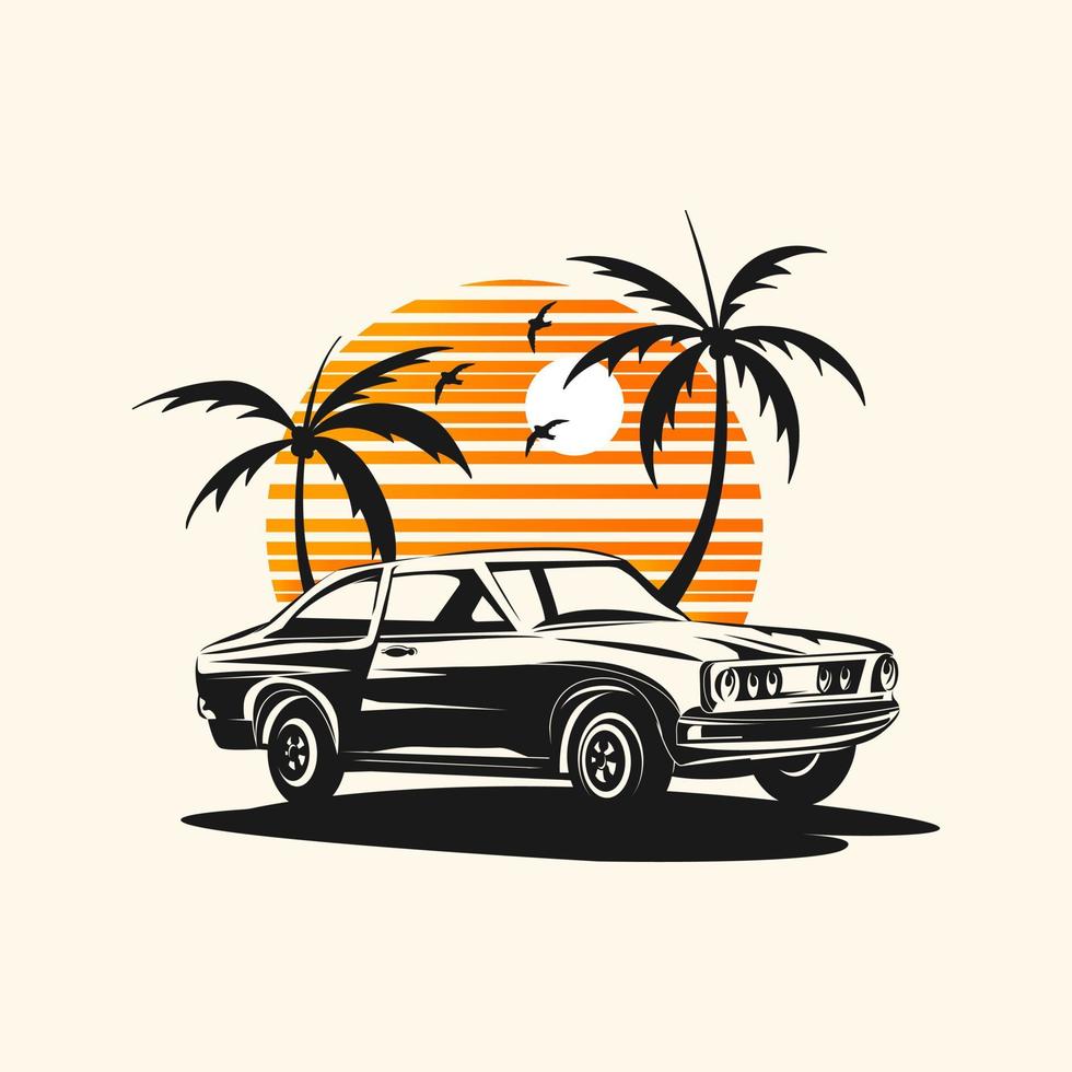 vintage classic car in summer logo illustration vector