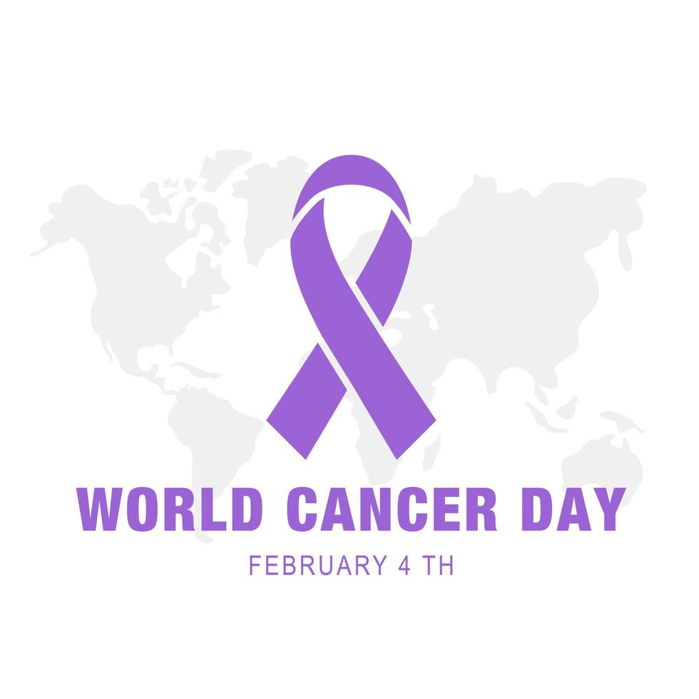 World cancer day with purple ribbon on world map vector