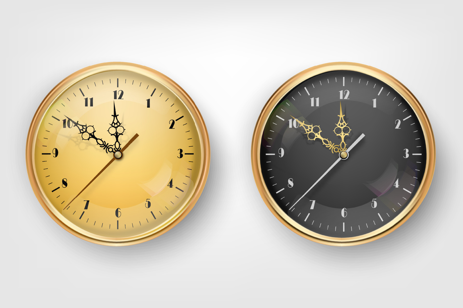 Vector 3d Realistic Classic Metal Golden Wall Office Clock Icon Set