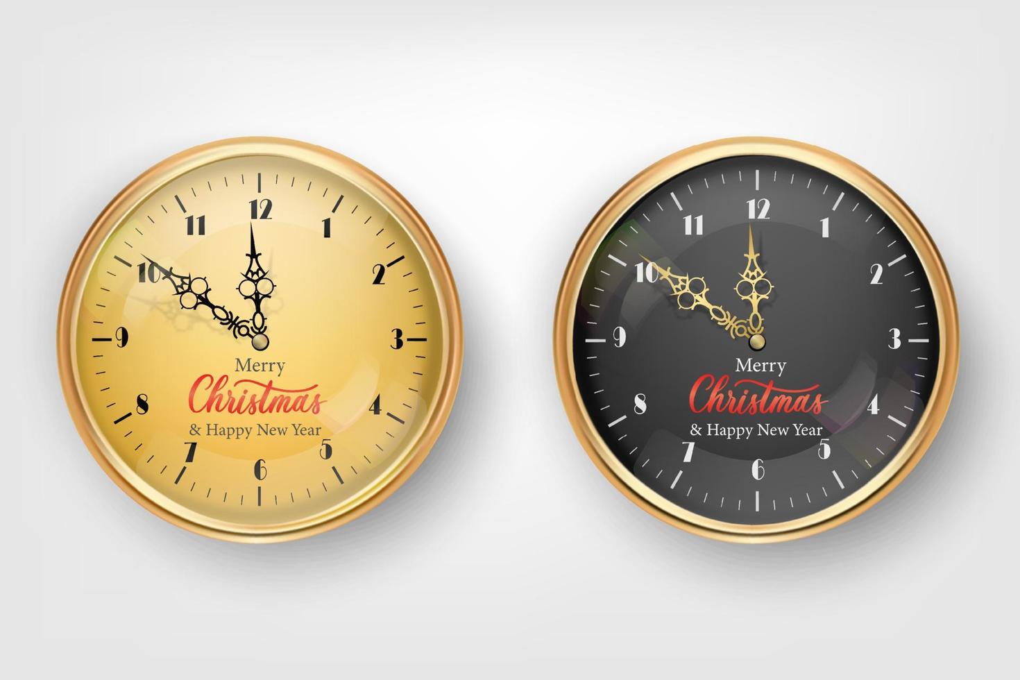 Vector 3d realistic classic metal gold wall clock with Christmas greetings. Foreground.