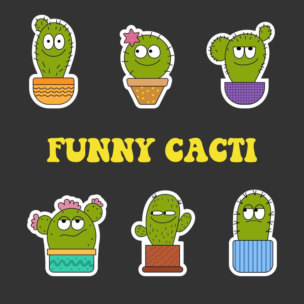 Juego de caracteres de cactus dibujados a mano, divertidas pegatinas de cactus con diferentes emociones ilustraciones vectoriales en estilo retro vector